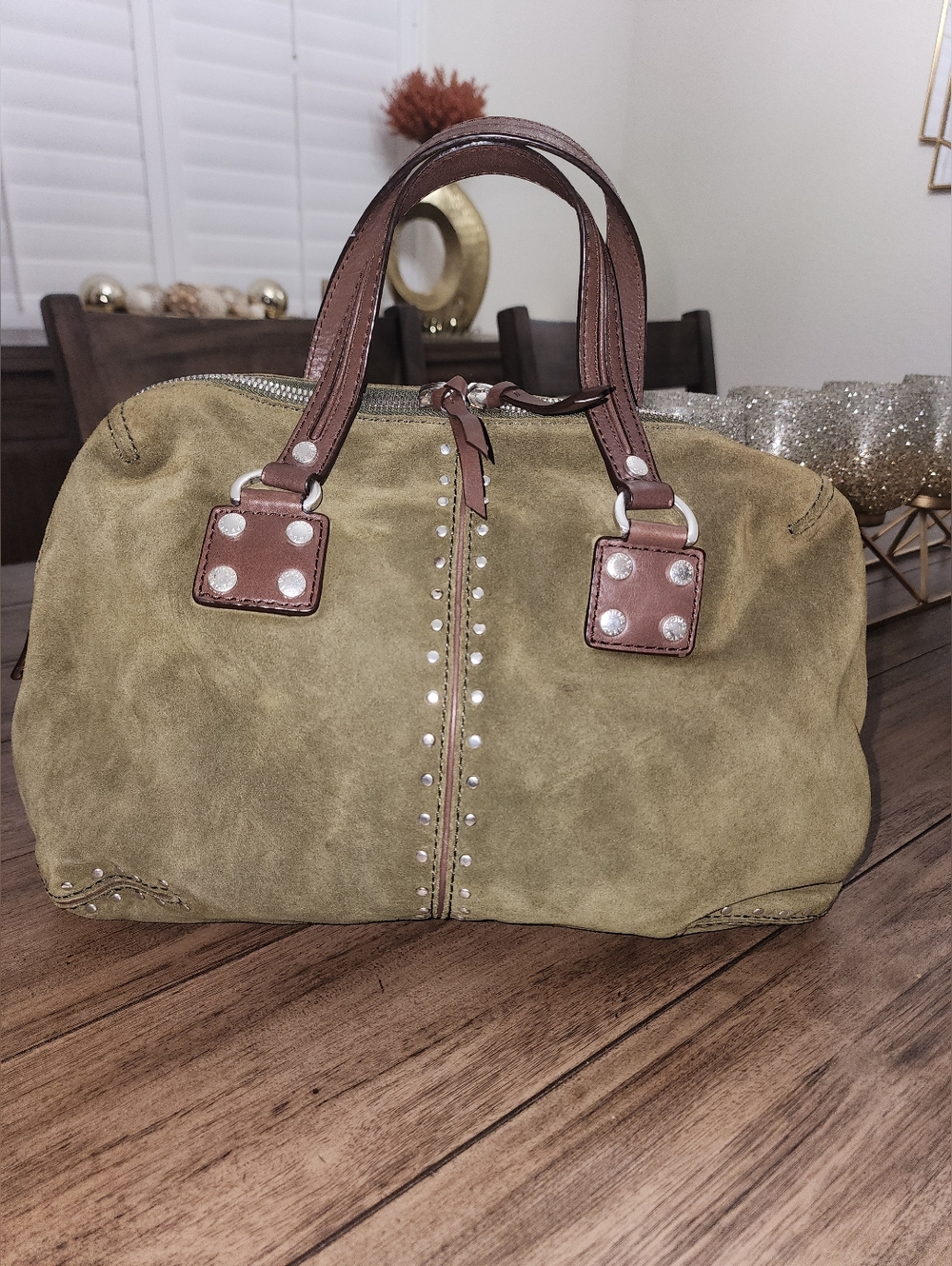 Michael Kors Olive Green Suede Silver Studded Handbag Astor Collection - Picture 11 of 13